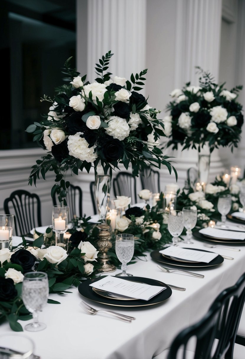 Elegant black and white floral arrangements adorn a formal wedding table, creating a sophisticated and timeless atmosphere