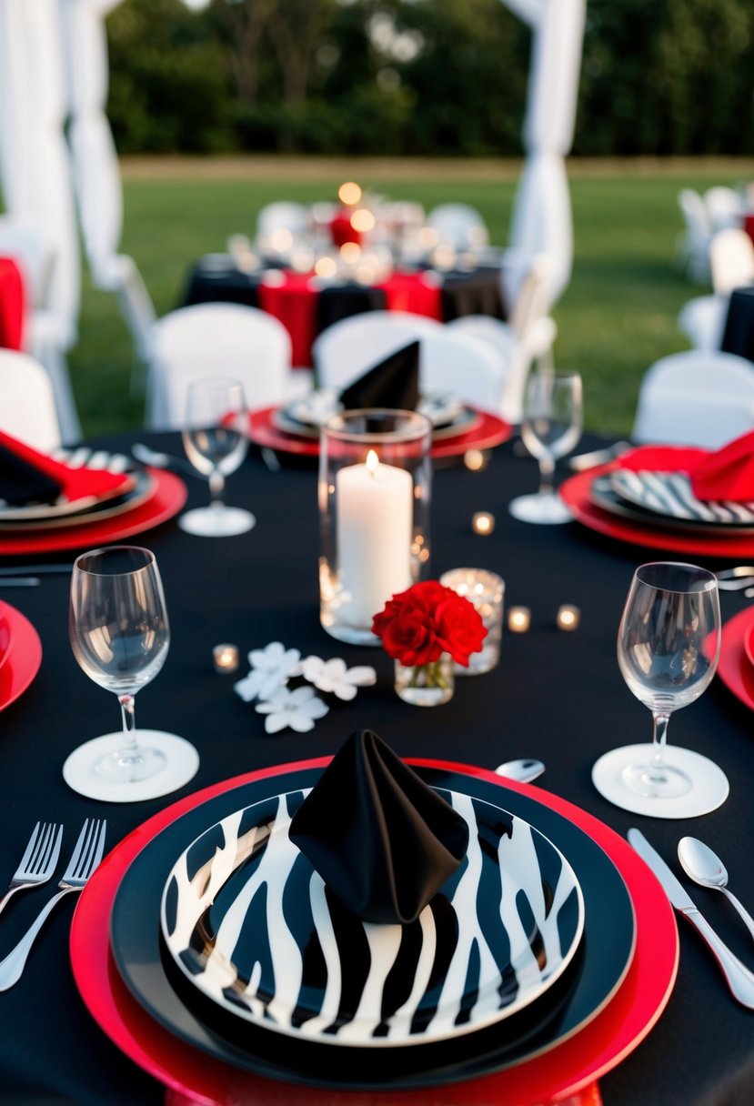 A sleek black and red wedding table setting with zebra print accents on napkins and centerpieces