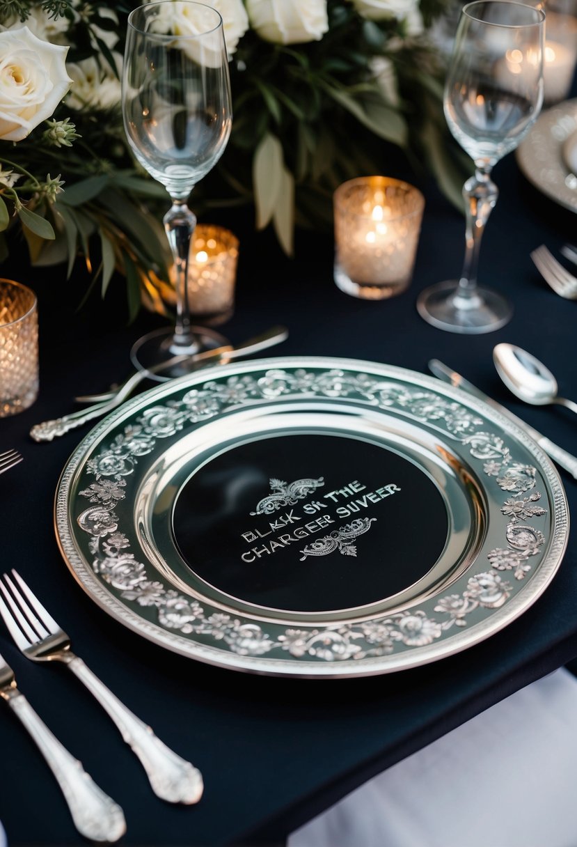 Silver charger plates with intricate designs arranged on a black tie wedding table