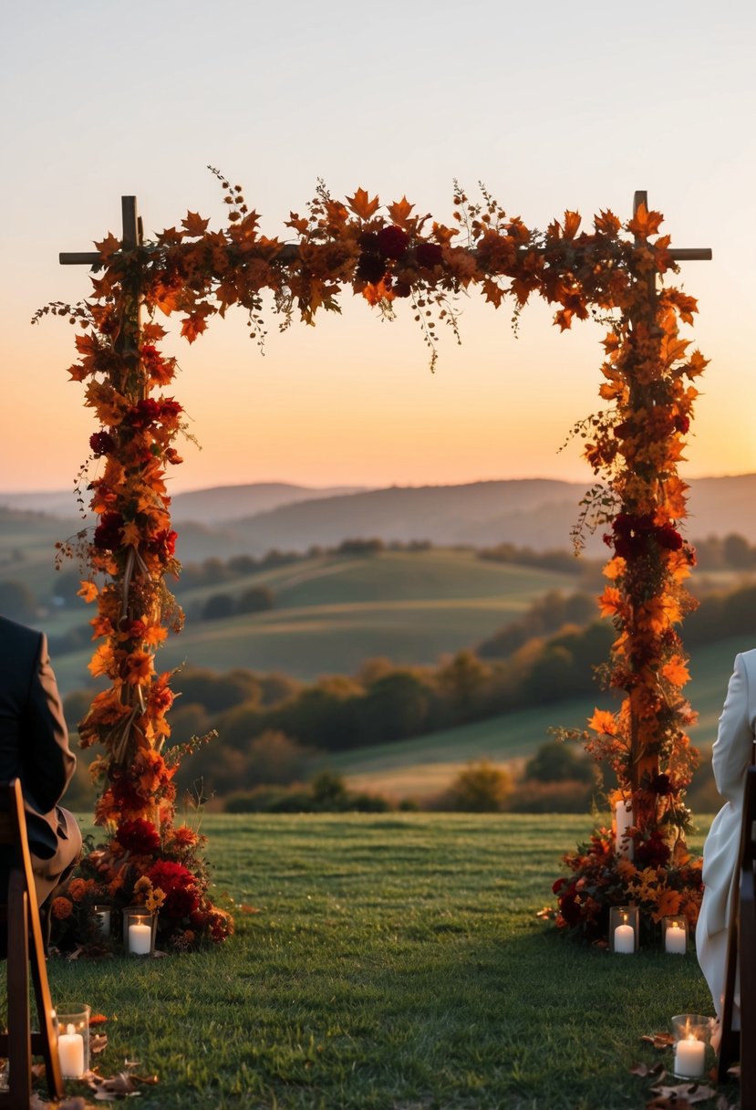 A burnt orange and red wedding arch adorned with autumn leaves and flowers, set against a backdrop of rolling hills and a golden sunset