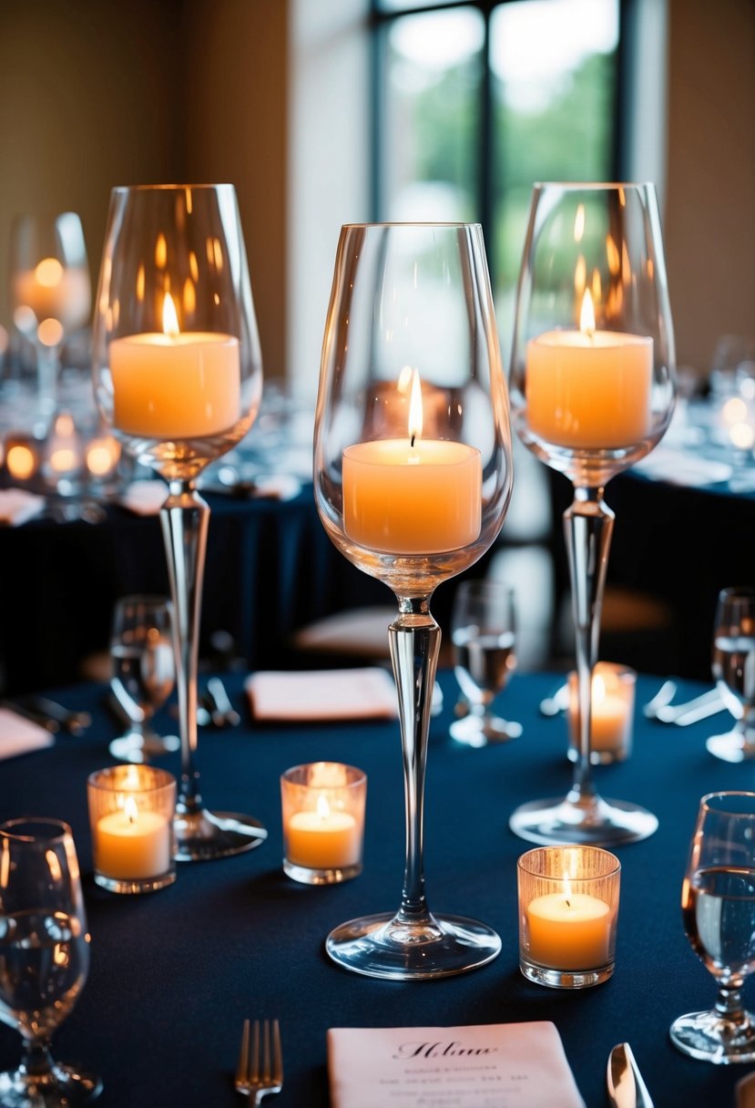 Glass vases hold floating candles, illuminating a black-tie wedding table