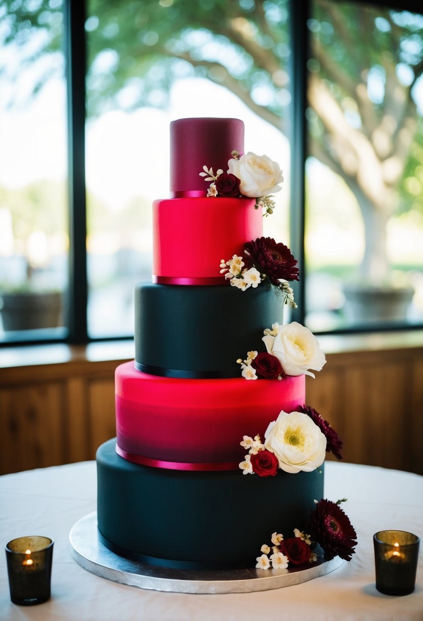 A three-tiered ombre cake blending from deep red to black, adorned with elegant floral accents in matching colors