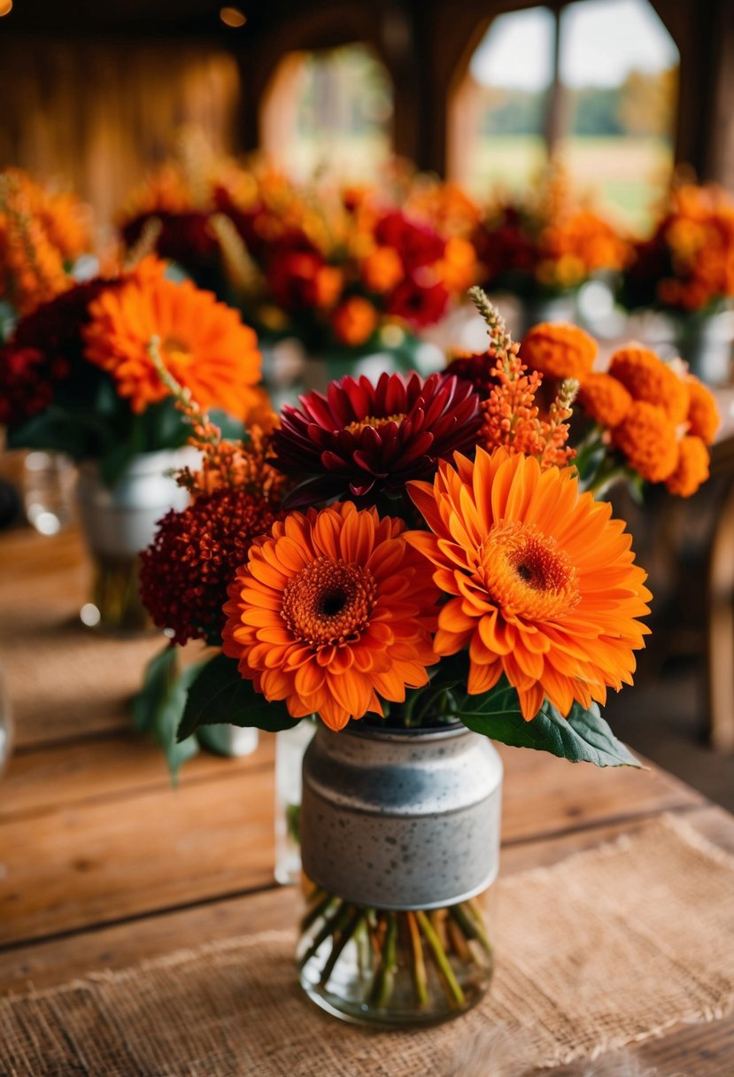 Vibrant burnt orange and red flowers fill a rustic wedding venue with warm, autumnal colors