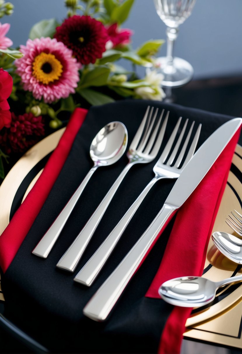 A sleek silver cutlery set arranged on a black and red tablecloth, with metallic accents and vibrant florals as a backdrop