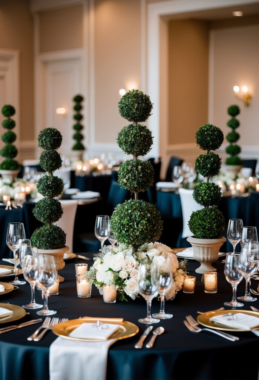 Miniature topiary centerpieces arranged on elegant black tie wedding tables