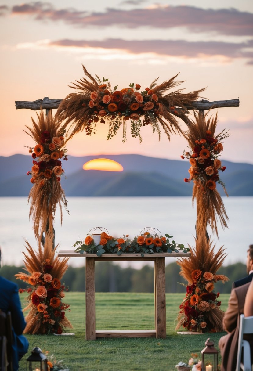 A bohemian wedding altar adorned with rust orange and red flowers, set against a sunset backdrop