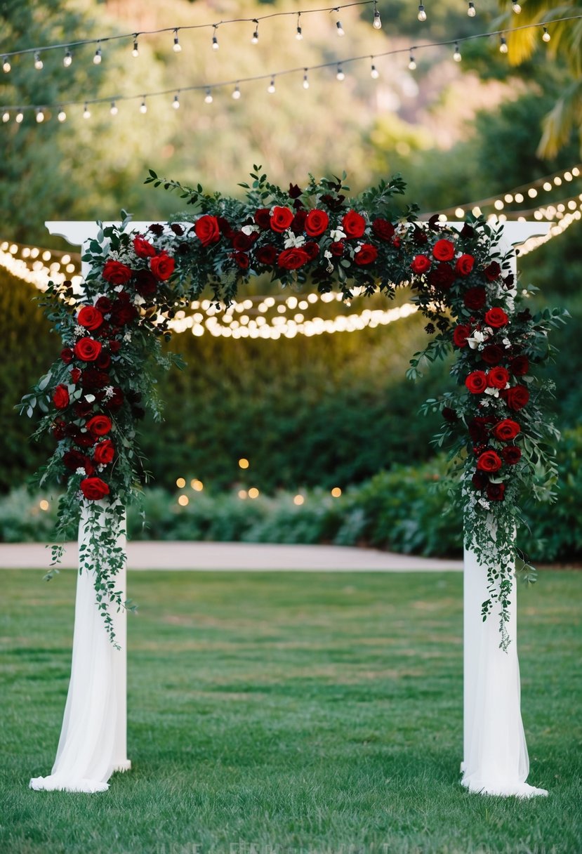 A wedding arch adorned with red and black flowers, set against a backdrop of lush greenery and twinkling lights