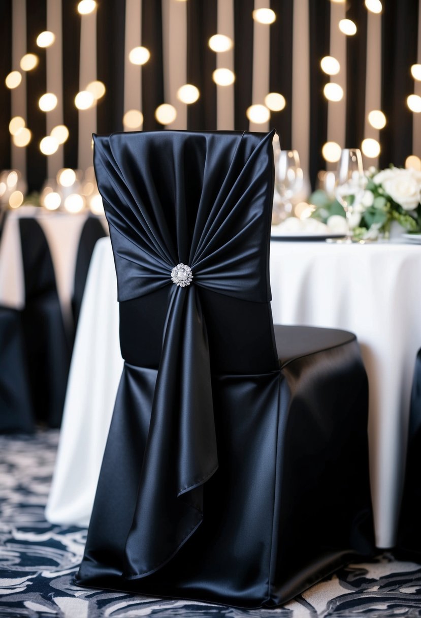 A black satin chair draped with a sleek cover, set against a backdrop of elegant black tie wedding table decorations