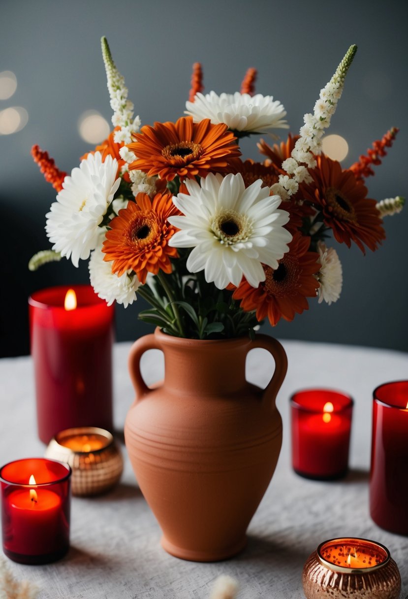 A terracotta vase filled with white and burnt orange flowers, surrounded by red candles and accents