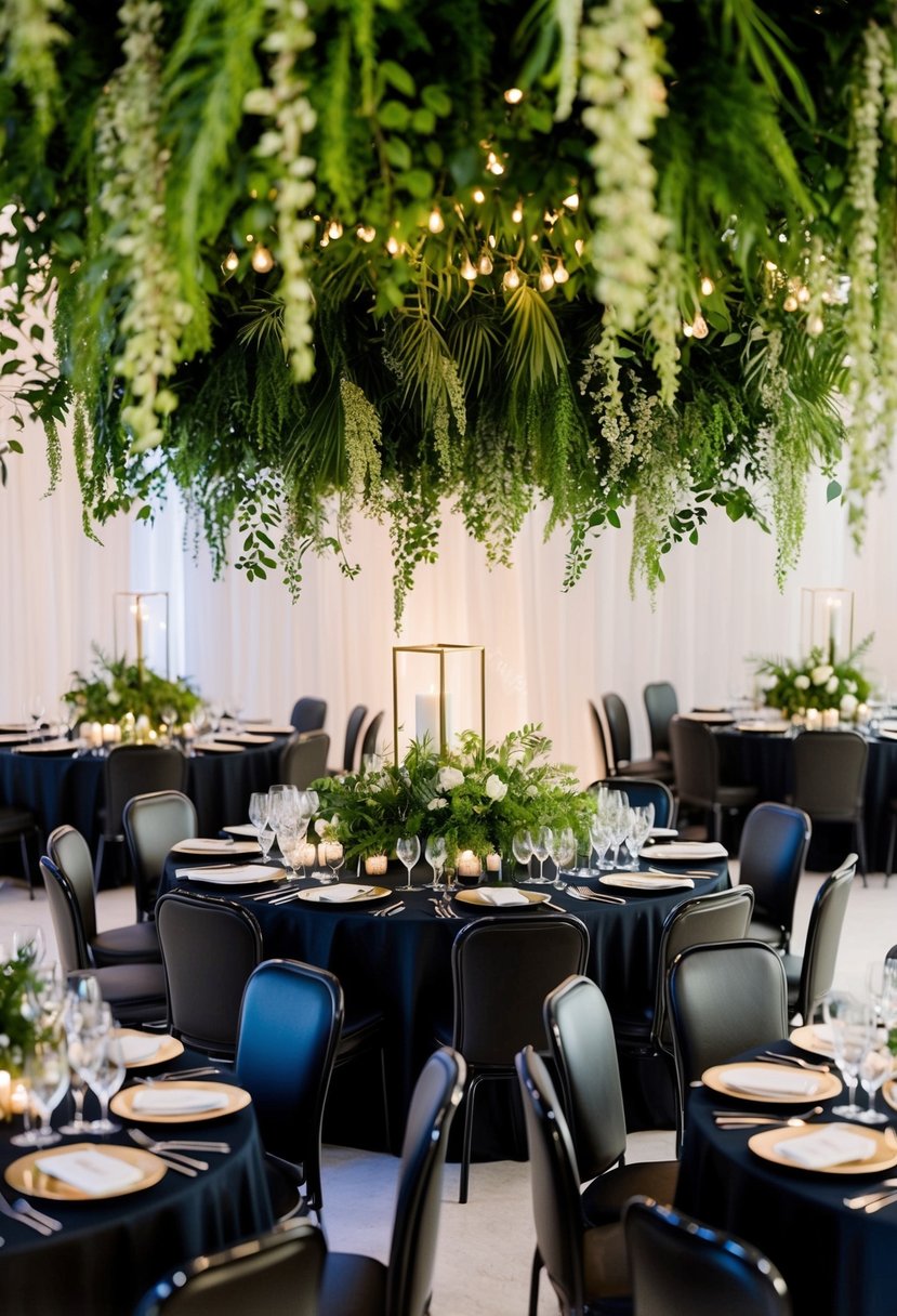 Lush greenery cascades from above, adorning elegant black-tie wedding tables