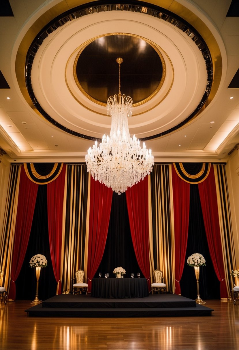 A glamorous ballroom with red velvet drapes and black and gold accents. A grand chandelier hangs from the ceiling, casting a warm glow over the room