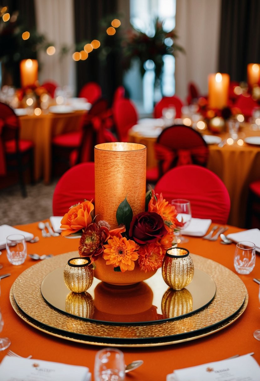 A burnt orange and gold centerpiece surrounded by red wedding decor