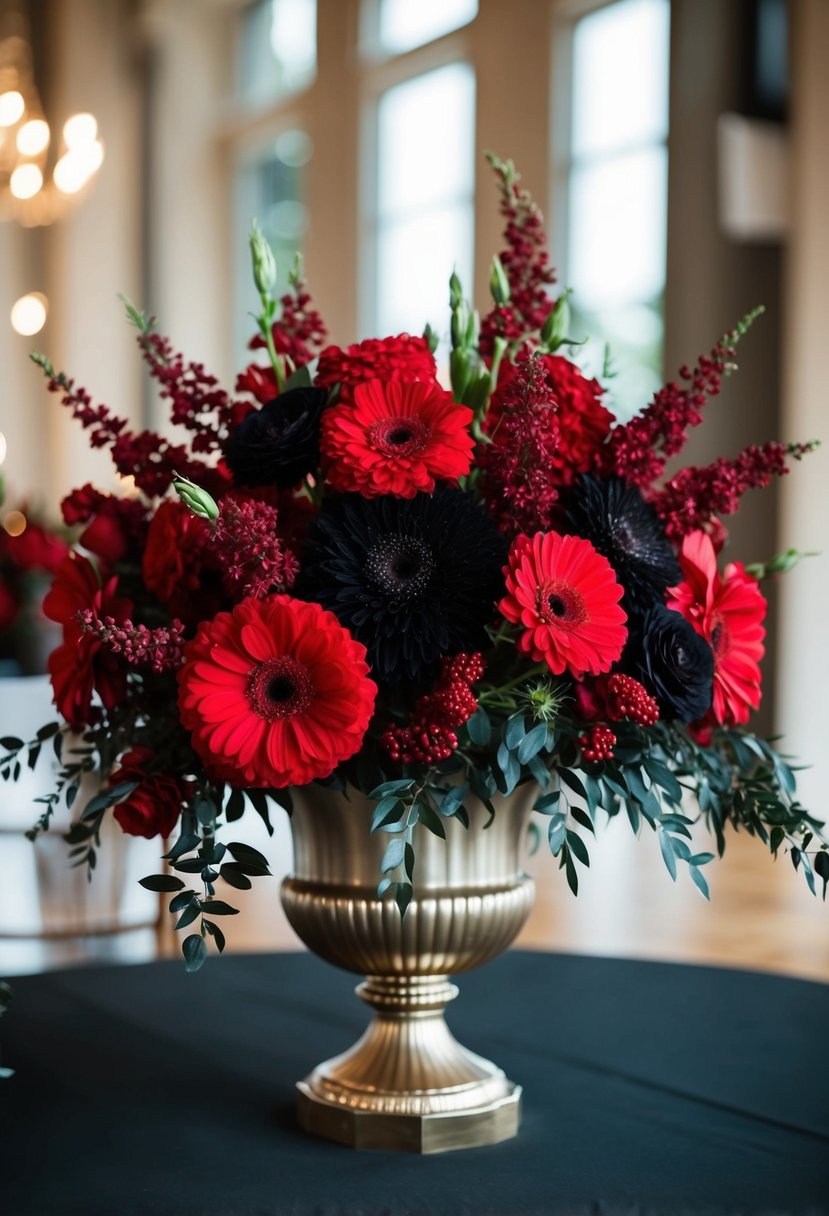 A striking floral centerpiece with red and black blooms arranged in an elegant vase