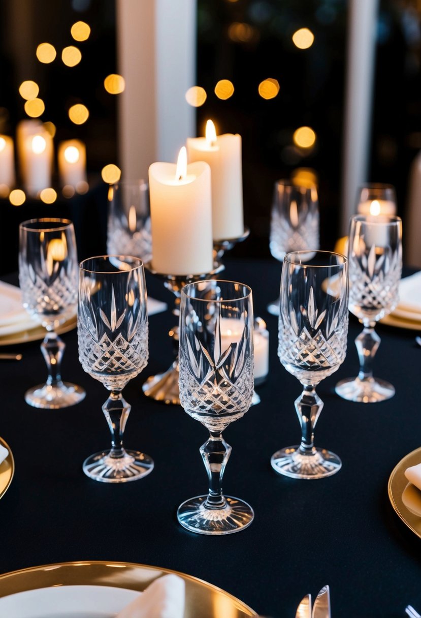 Diamond-cut crystal glasses arranged on a sleek black tablecloth, reflecting the soft glow of candlelight at an elegant black-tie wedding reception