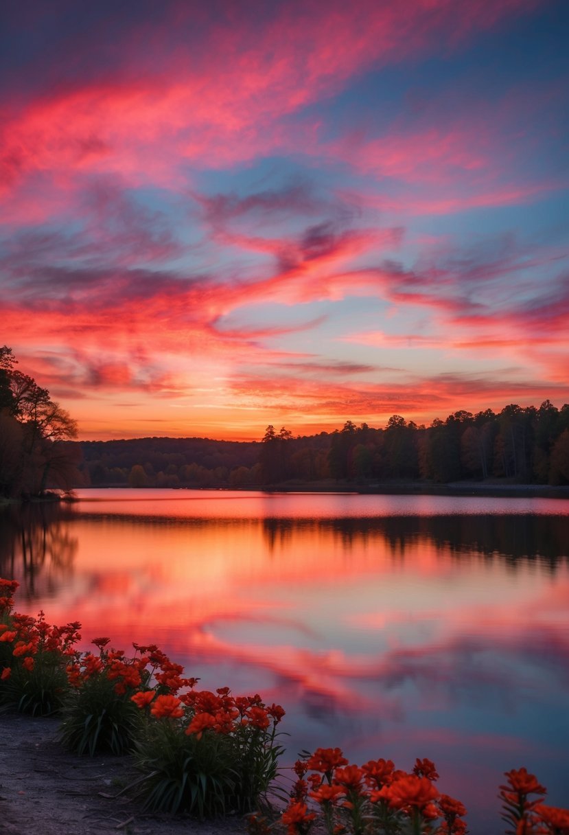 A vibrant sunset over a tranquil lake with red and orange flowers blooming along the shore