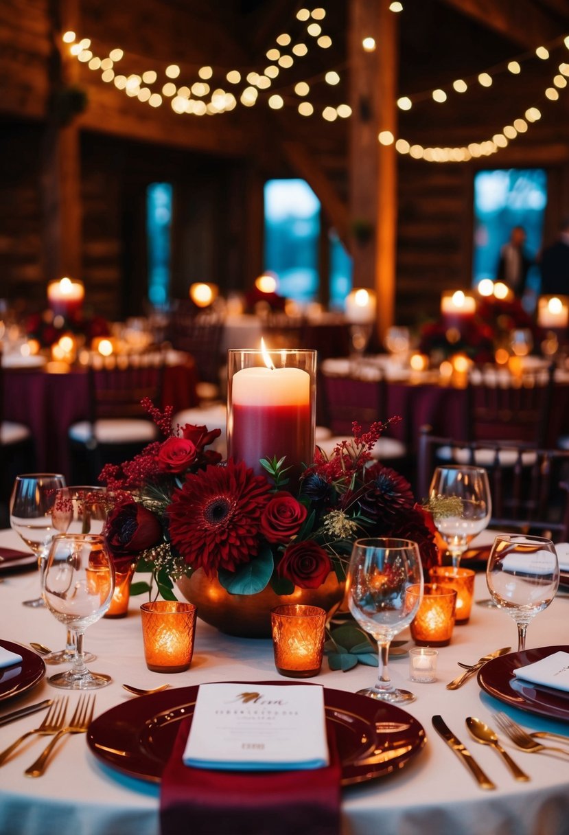 A cozy wedding reception with burgundy and burnt orange decor, featuring rich red floral arrangements and warm candlelight