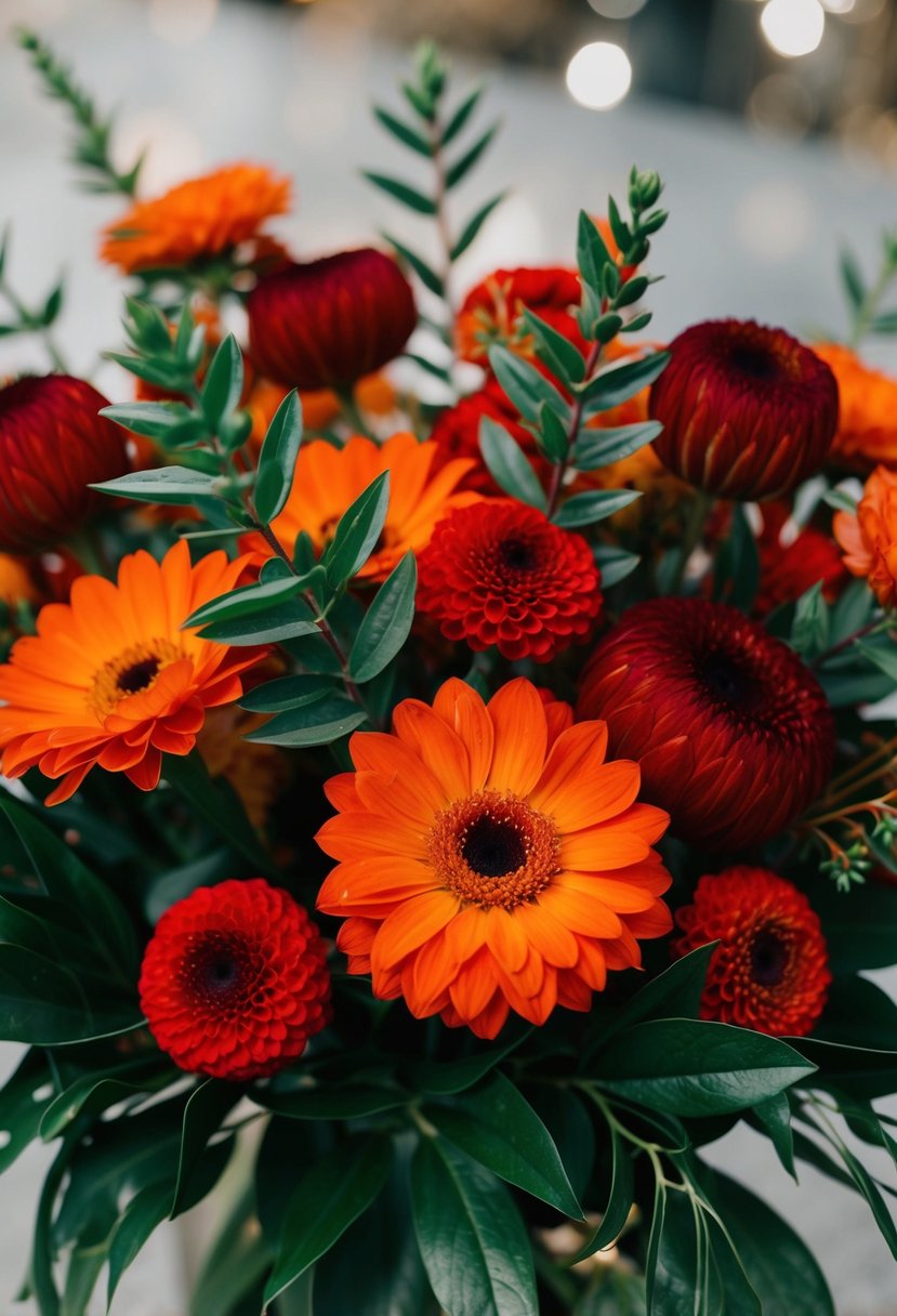 A vibrant bouquet of burnt orange and red flowers with green foliage accents