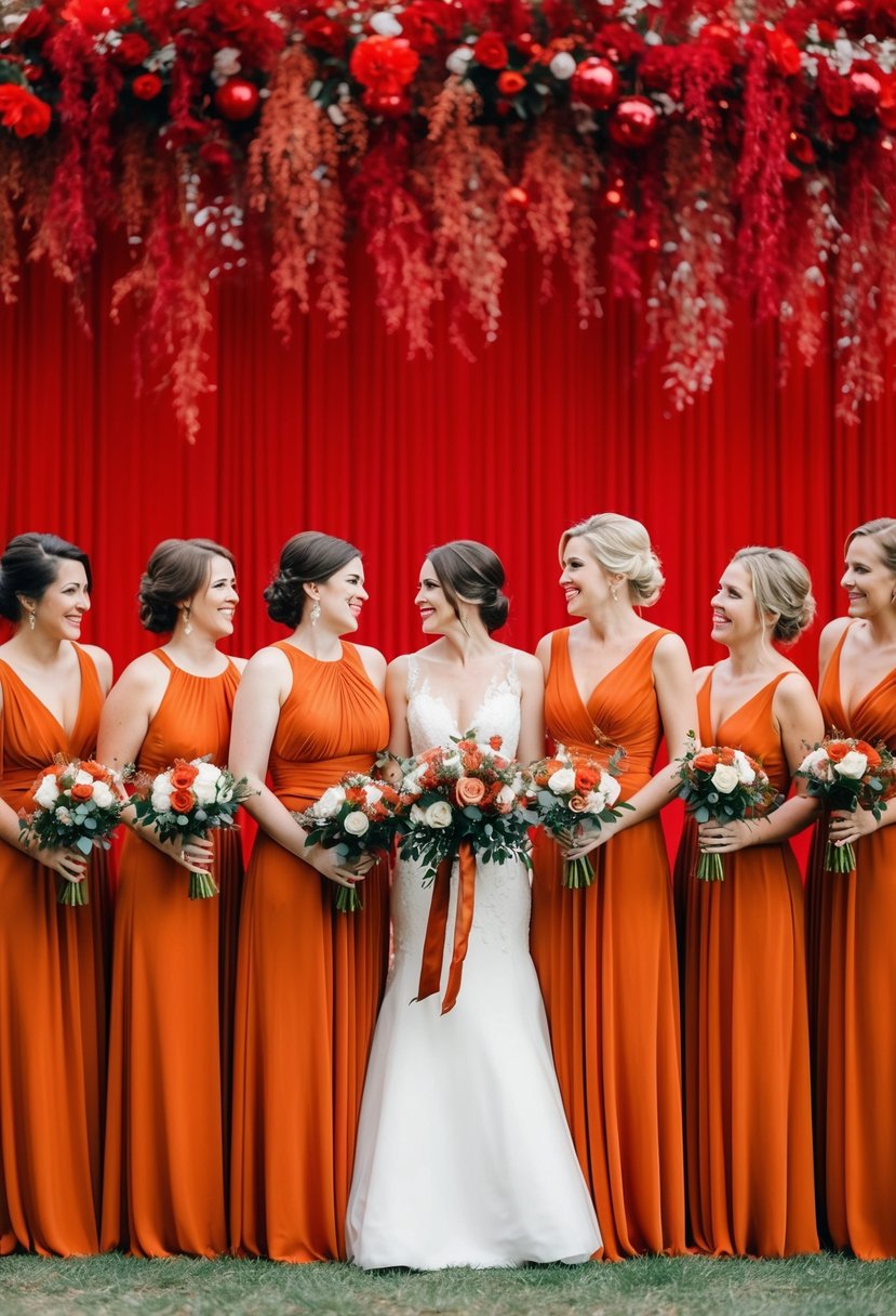 A group of vibrant burnt orange bridesmaid dresses against a backdrop of red wedding decor, creating a warm and lively color scheme