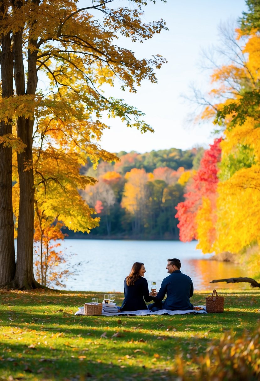 A couple picnicking under colorful autumn trees by a tranquil lake