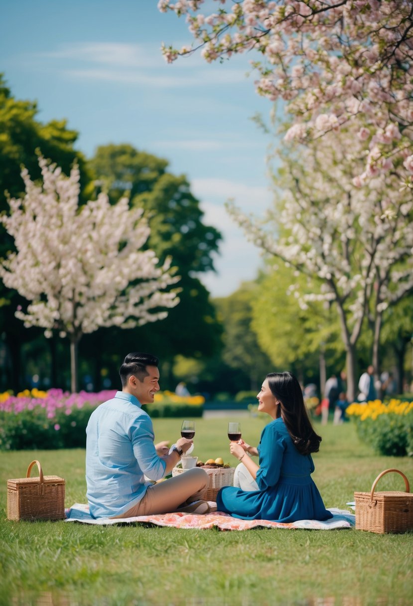 A couple picnicking in a lush park, surrounded by blooming flowers and trees, with a clear blue sky overhead