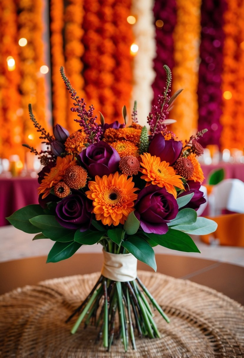 A bouquet of burnt orange and plum flowers against a backdrop of burnt orange and red wedding decor