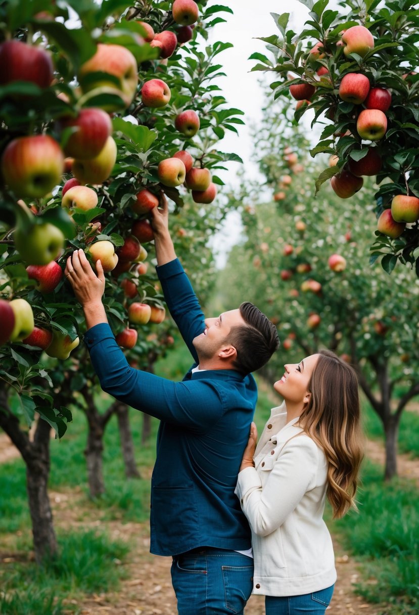 A couple in a colorful orchard, surrounded by trees heavy with ripe apples, reaching up to pluck the fruit from the branches