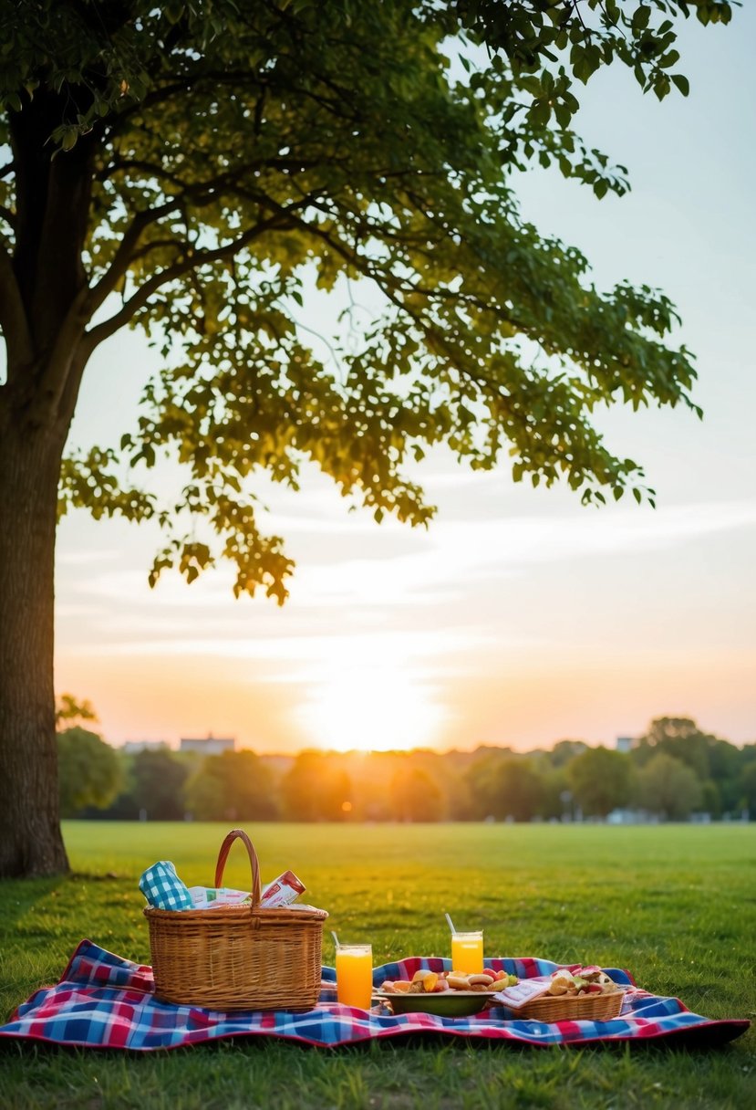 A picnic blanket spread under a tree, with a basket of food and drinks, as the sun sets over the horizon in the park