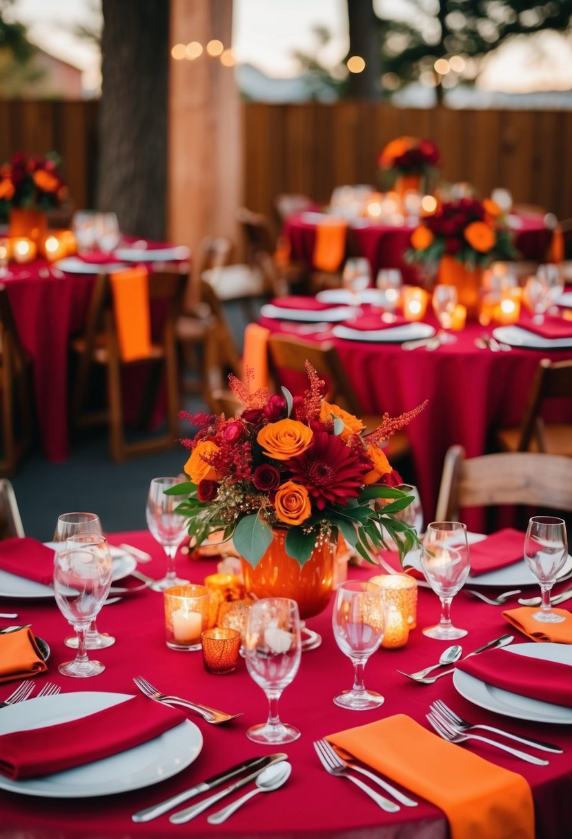 Crimson red table decorations and burnt orange accents create a warm and vibrant wedding color scheme