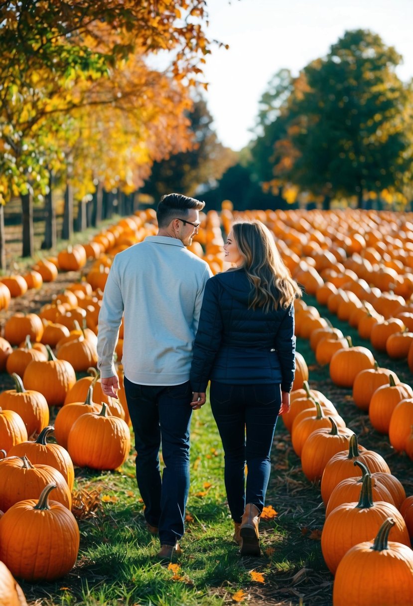 A couple wanders through a vibrant pumpkin patch, surrounded by rows of orange pumpkins and autumn foliage. The sun casts a warm glow over the scene