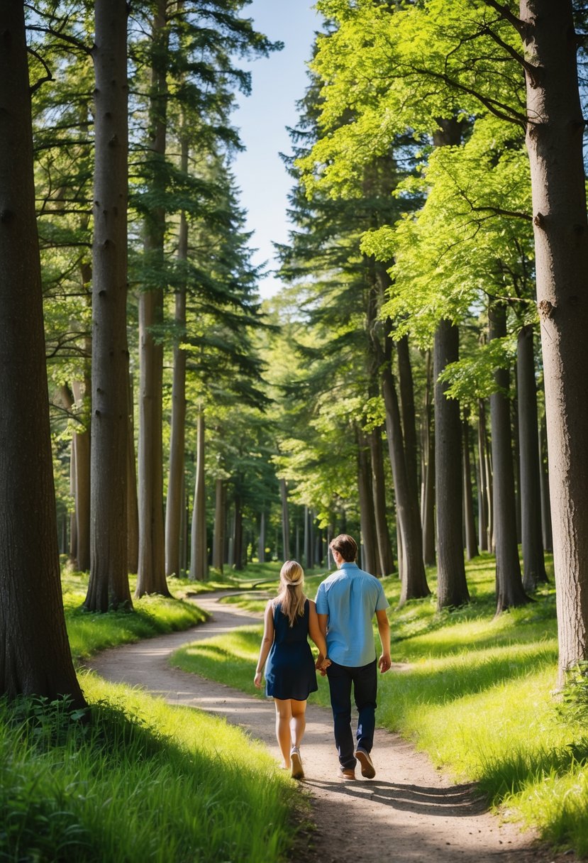 A couple walks through a lush forest, surrounded by tall trees and winding trails, as they explore new paths on a sunny day in June