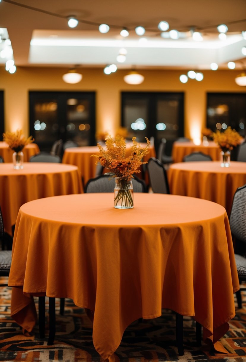 Persimmon-colored tablecloths draped over tables in a warm, inviting setting