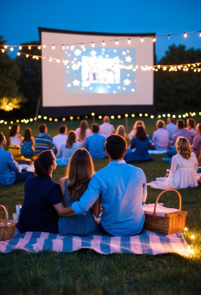 A couple sits on a blanket under the stars, surrounded by other pairs, watching a movie projected onto a large outdoor screen. A picnic basket and string lights add to the romantic atmosphere