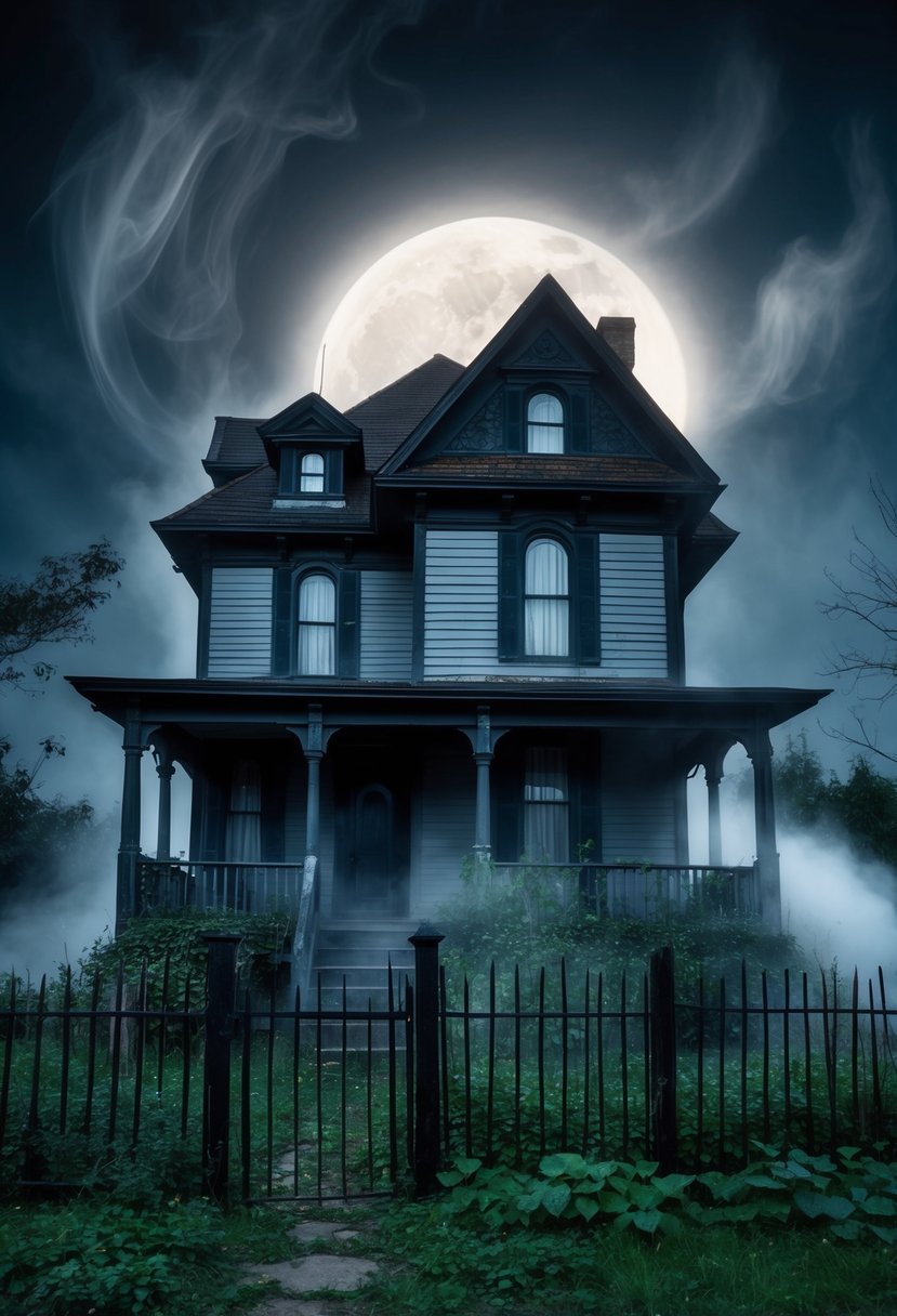 A moonlit haunted house with a crooked fence and overgrown garden, surrounded by swirling mist and eerie shadows