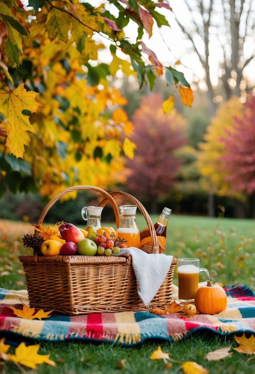 A cozy picnic blanket surrounded by colorful autumn leaves, with a wicker basket filled with seasonal fruits and warm beverages