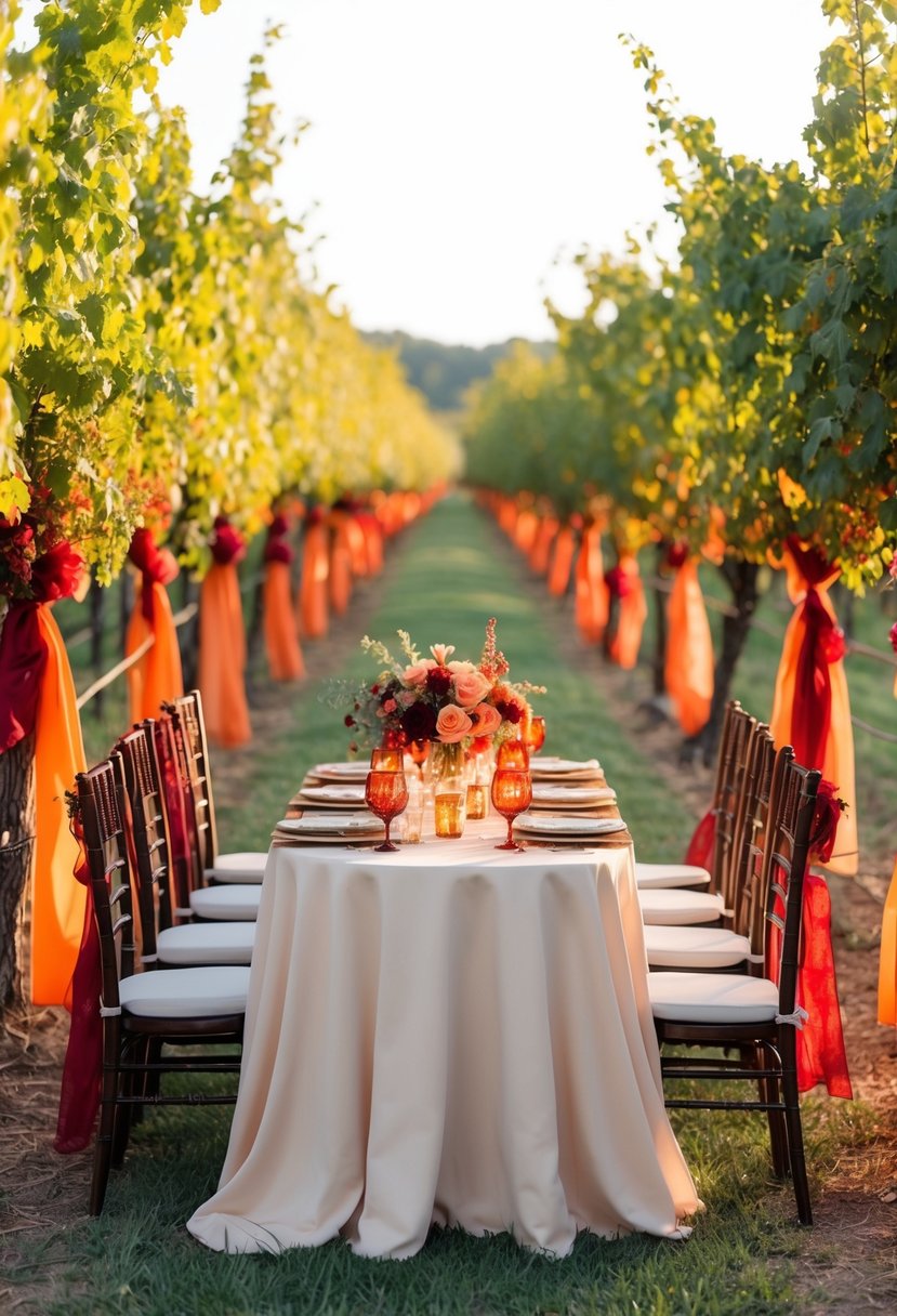 A sun-drenched vineyard adorned with burnt orange and red decor, creating a rustic and romantic ambiance for a wedding celebration