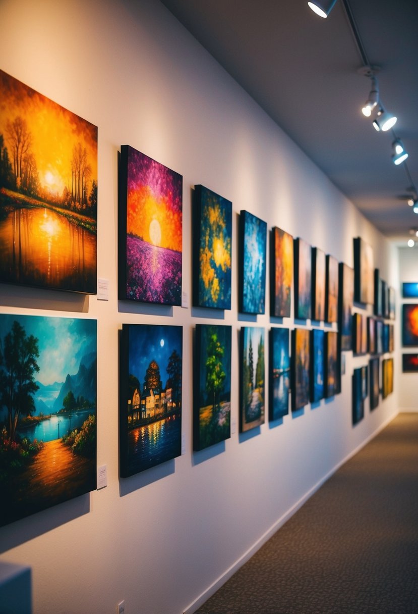 Vibrant paintings line the walls of a local art gallery, showcasing a variety of styles and subjects. The soft glow of the gallery lights highlights the intricate details of each piece