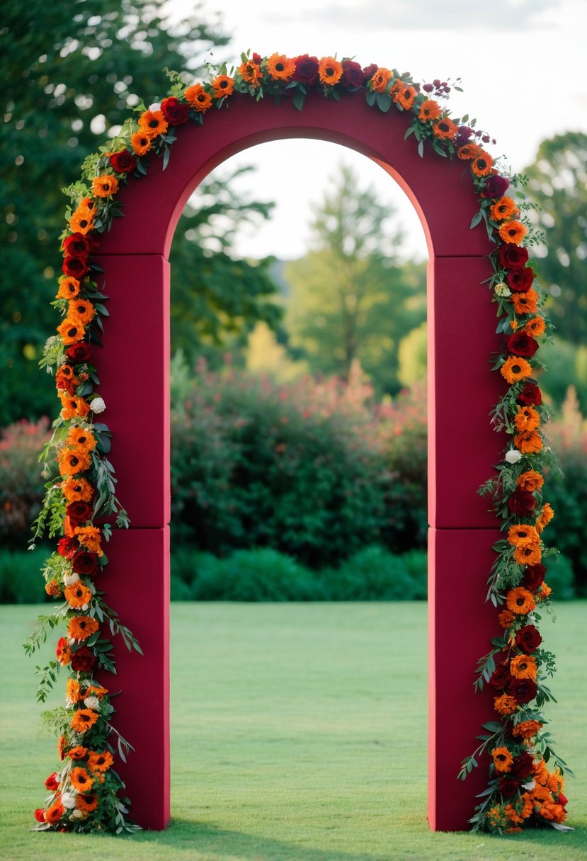 Deep red wedding arches adorned with burnt orange and red flowers stand against a backdrop of lush greenery