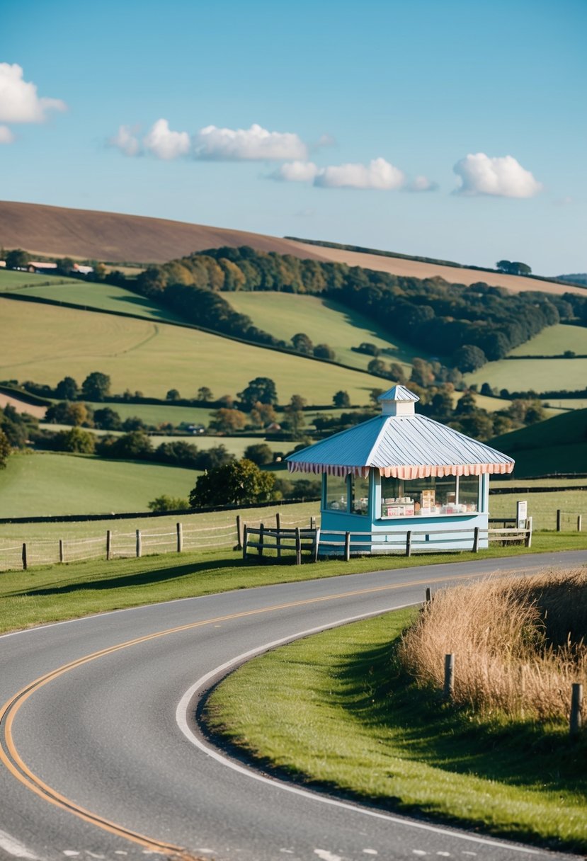 A winding road leads to a charming ice cream stand nestled in a picturesque countryside, with rolling hills and a clear blue sky in the background