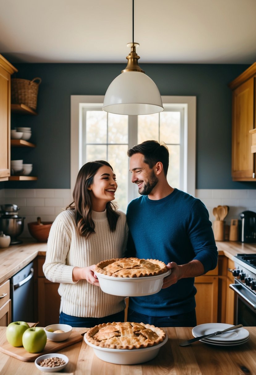 A couple baking apple pie together in a cozy kitchen on a crisp fall day