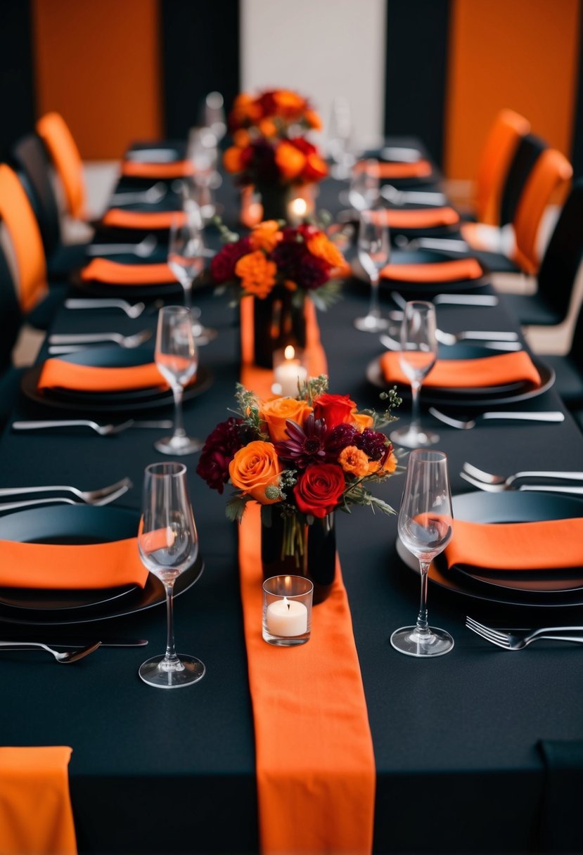 A sleek black and burnt orange color palette with pops of vibrant red, creating a modern and bold wedding theme