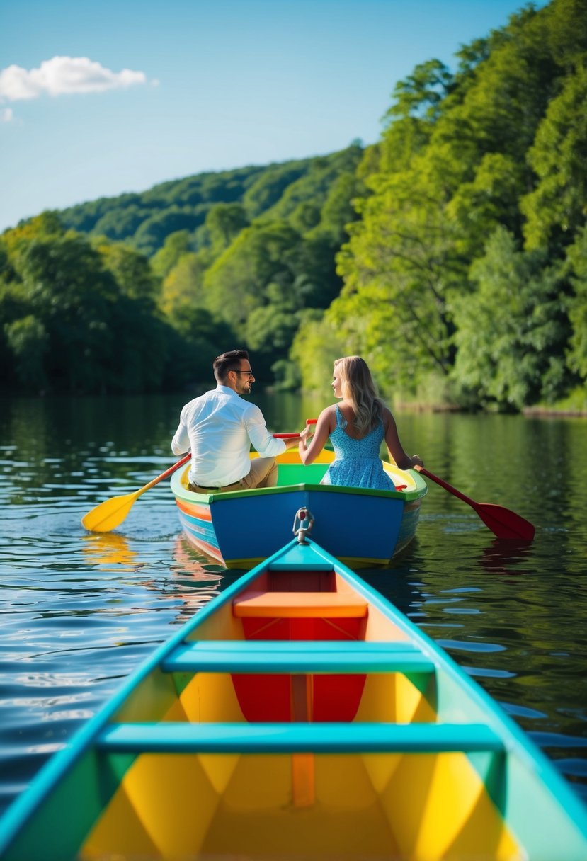 A couple paddles a colorful boat on a serene lake surrounded by lush greenery and a clear blue sky