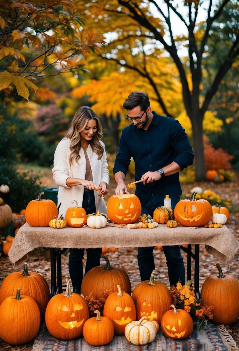 A cozy outdoor setting with a table covered in pumpkins, carving tools, and decorative supplies. A couple works together on their creations, surrounded by autumn foliage