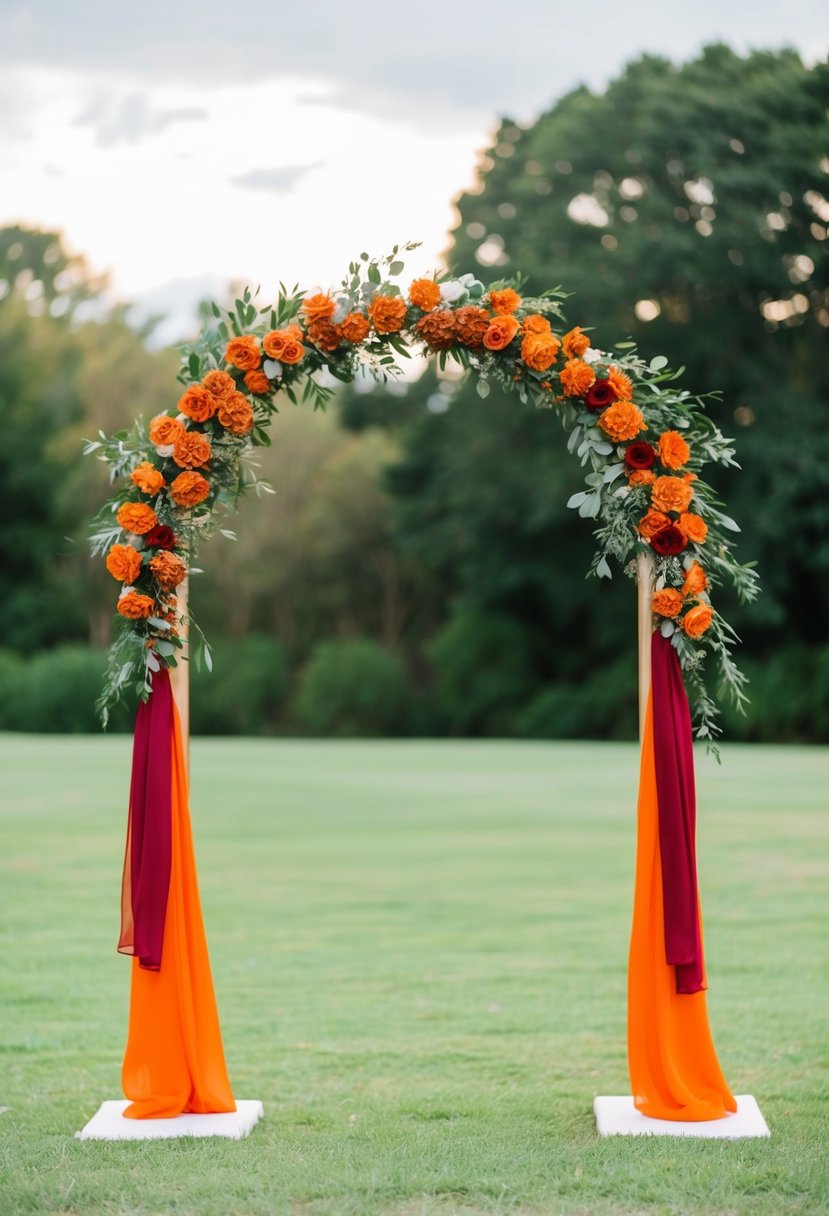 A lush greenery backdrop frames a burnt orange and red wedding arch