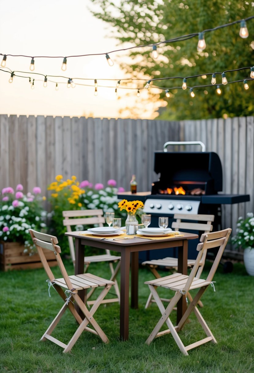 A cozy backyard barbecue with a table set for two, surrounded by string lights and blooming flowers, with a grill sizzling in the background