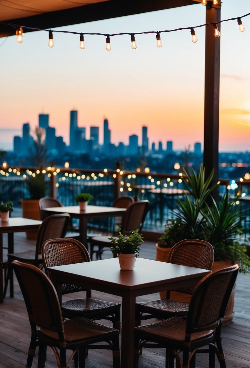 A cozy outdoor restaurant with string lights, potted plants, and a view of the sunset over the city skyline