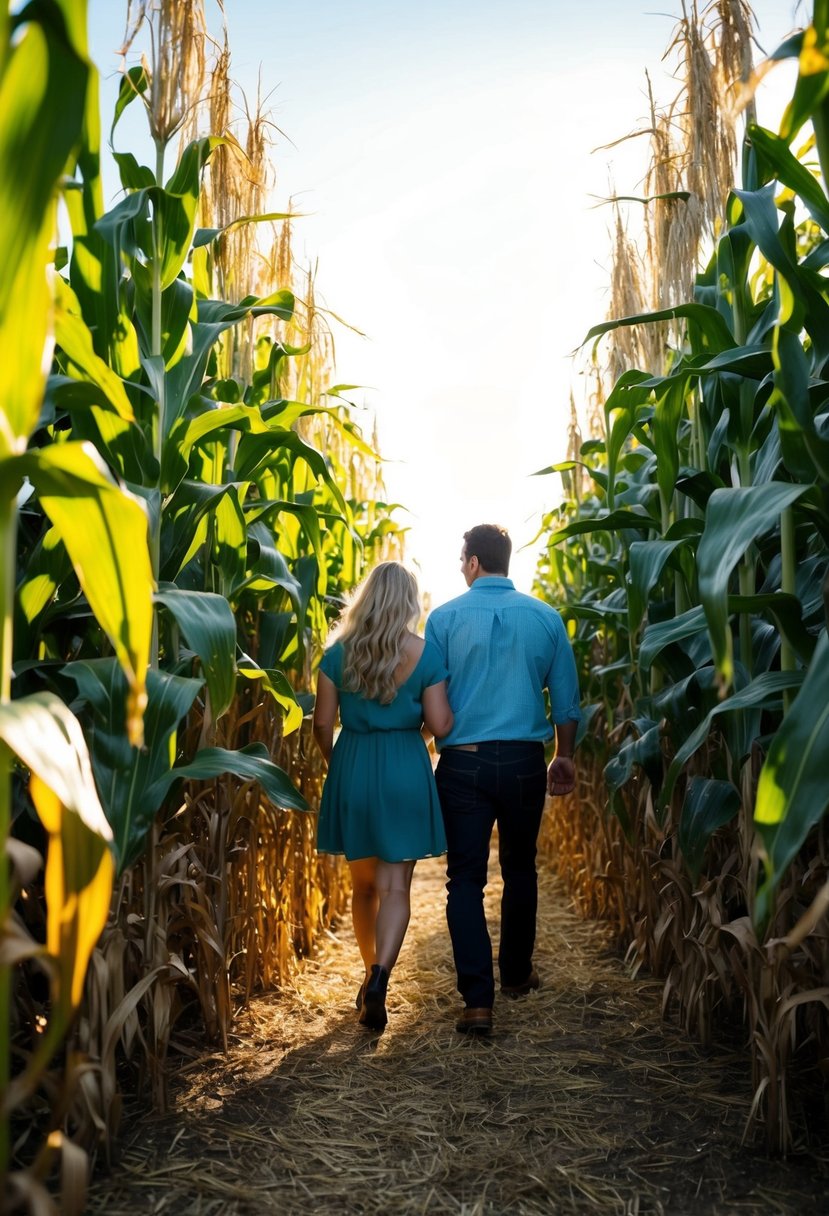 A couple navigates a winding corn maze, surrounded by towering stalks and golden sunlight filtering through the leaves