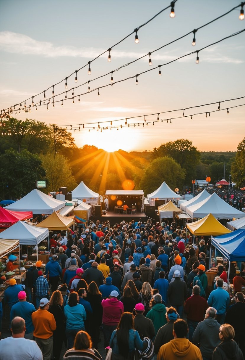 A colorful crowd gathers under the setting sun, surrounded by food vendors and twinkling lights, while a stage is set for live music