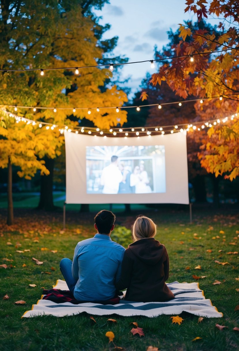 A couple sits on a blanket under string lights, surrounded by colorful autumn leaves, watching a movie projected onto a white sheet outdoors