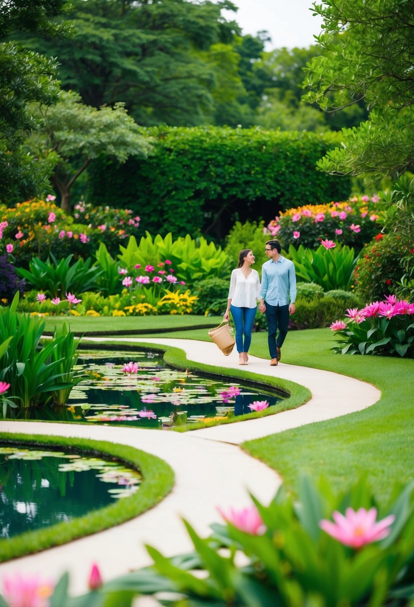 Lush greenery surrounds a winding path, leading to a tranquil pond with vibrant lilies. A couple strolls hand in hand, admiring the colorful blooms