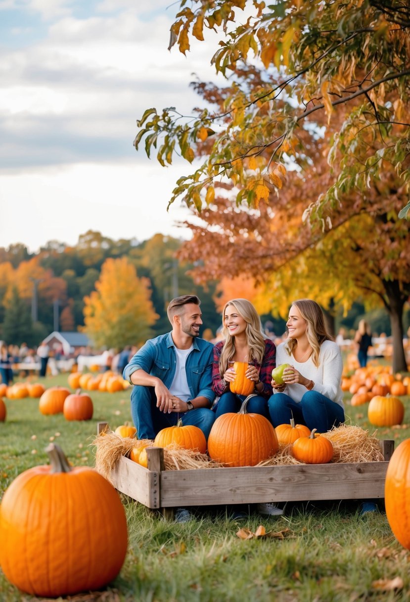 A cozy outdoor scene with colorful leaves, pumpkin patches, and couples enjoying hayrides and apple picking at a fall festival